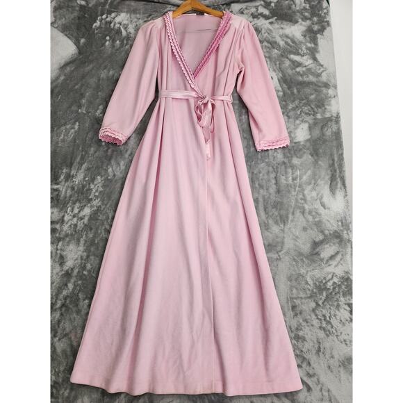 Vintage 70s Gilead Arnel Nylon Flannel Long Robe Size M Pink Pleated Ribbon Soft - Picture 1 of 10